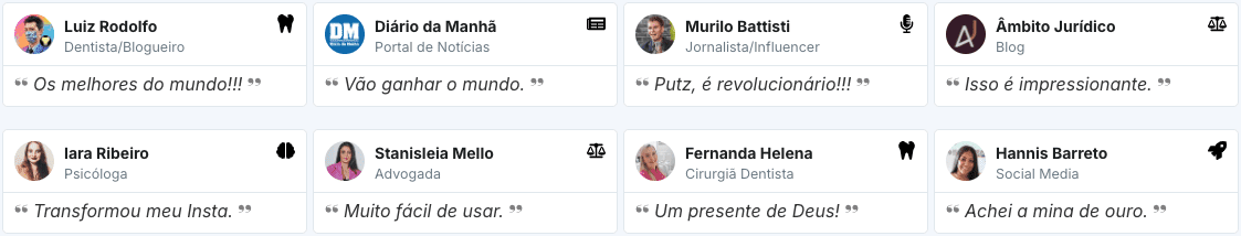 Depoimentos de profissionais sobre sucesso e inovação.