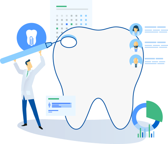 Dentista, imagem de um dente gigante e vários ícones que dão a entender sobre o software de gestão odontológica Dental Office.