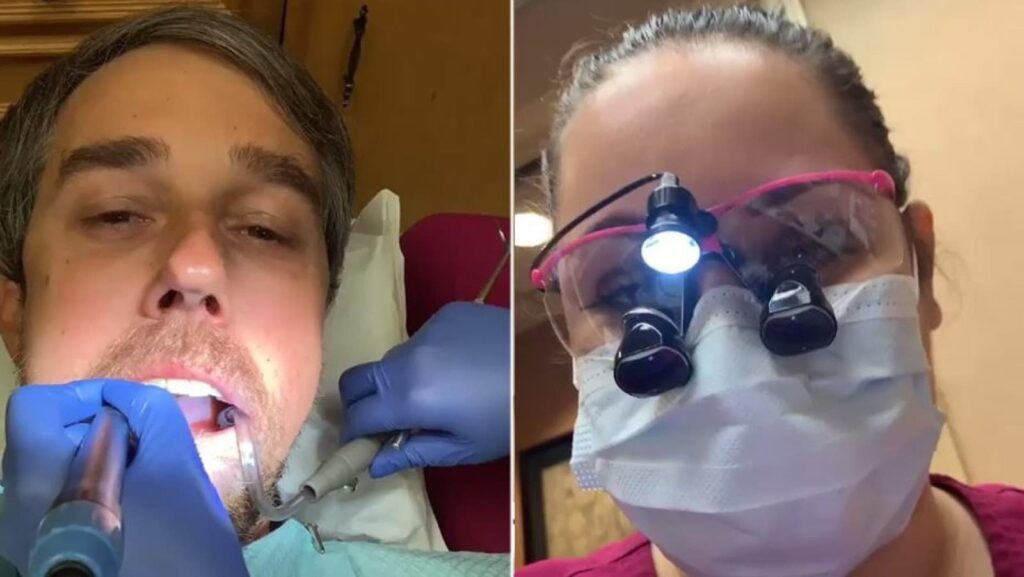 Na primeira imagem o paciente de um consultório odontológico durante o procedimento, na segunda imagem a dentista cuidando do paciente. A imagem faz parte do artigo 5 dicas para lotar sua agenda usando o Instagram.