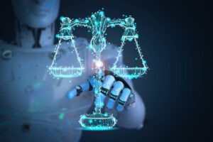 Ilustração de um robô com o símbolo da advocacia na mão, representando a integração da inteligência artificial e Legal Design na prática jurídica.