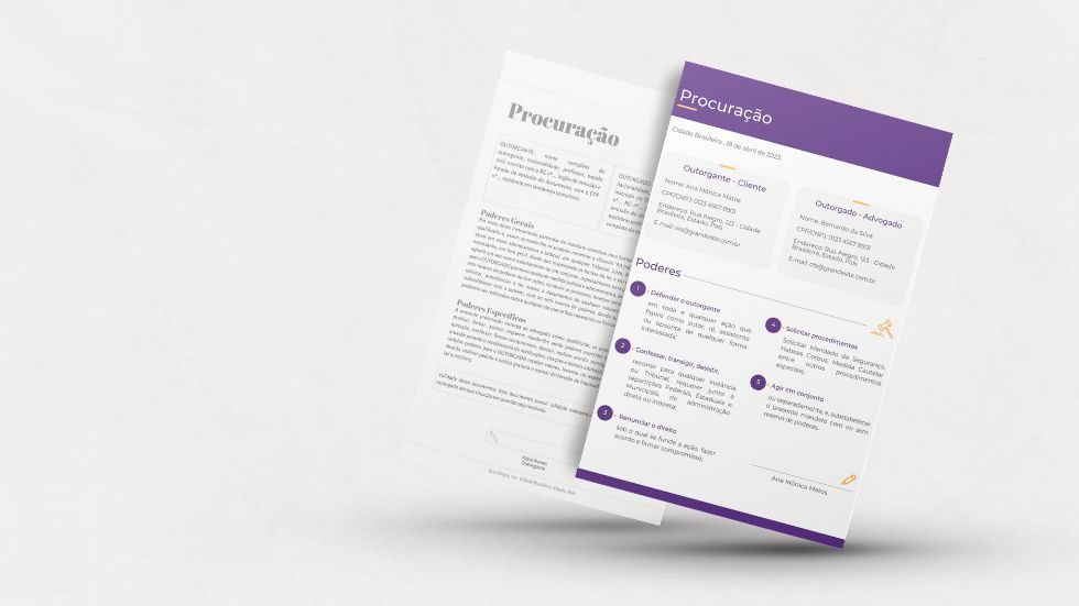 Imagem de uma procuração feita sem visual law gratuito e outra com a aplicação do legal design.