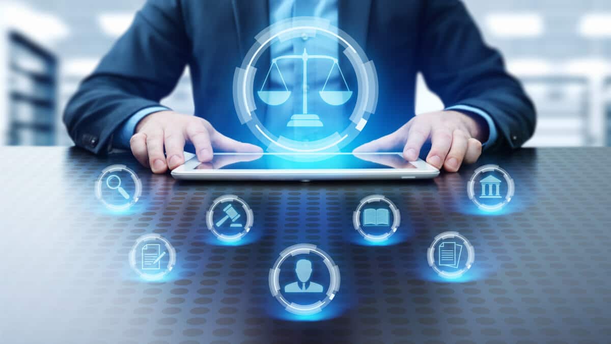 Imagem de um advogado em destaque, cercado por símbolos de inteligência artificial em neon, simbolizando a fusão entre tecnologia e advocacia moderna no visual law gratuito.