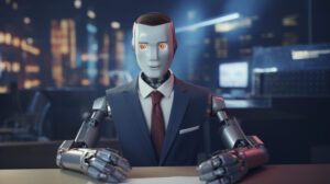 Um robô de terno e gravata dando a ideia de inteligência artificial para advogados.