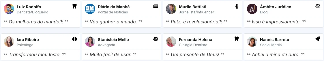 Depoimentos de profissionais sobre sucesso e inovação.