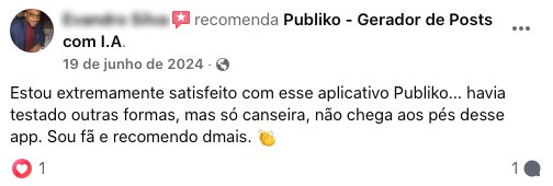 Usuário recomenda app Publiko com I.A.