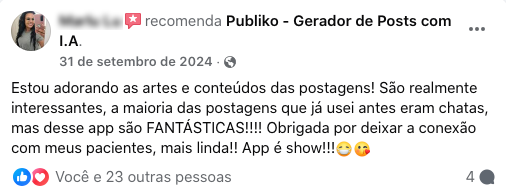 Depoimento positivo sobre gerador de posts com IA.