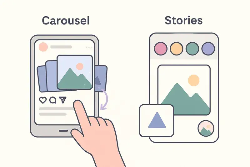 Exemplos de posts carrossel e stories com várias fotos no Instagram