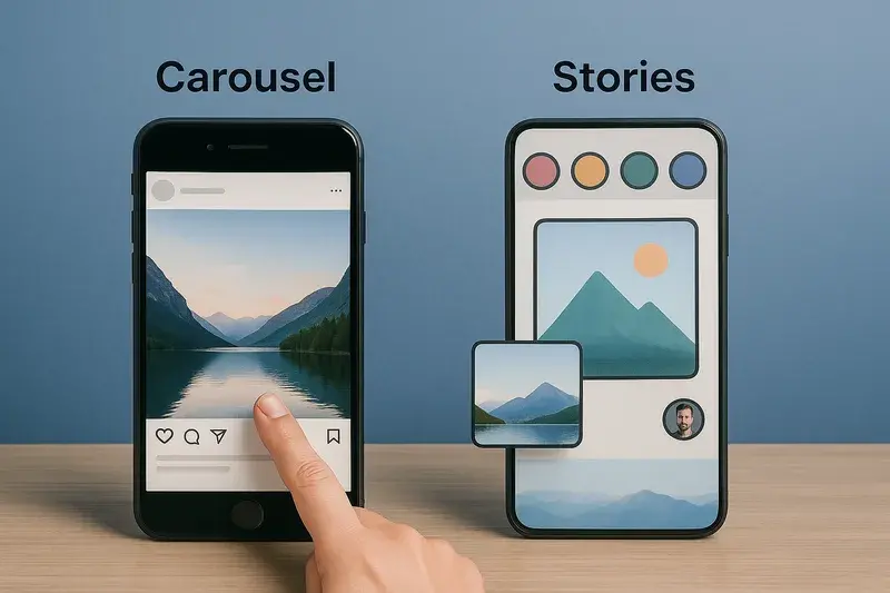 Exemplos de posts carrossel e stories com várias fotos no Instagram