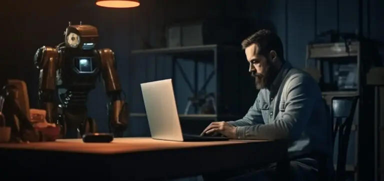 Um advogado concentrado trabalhando em seu escritório, enquanto um robô sobre a mesa sugere a utilização do Chat GPT para Advogados, ilustrando a modernização e eficiência no atendimento jurídico.