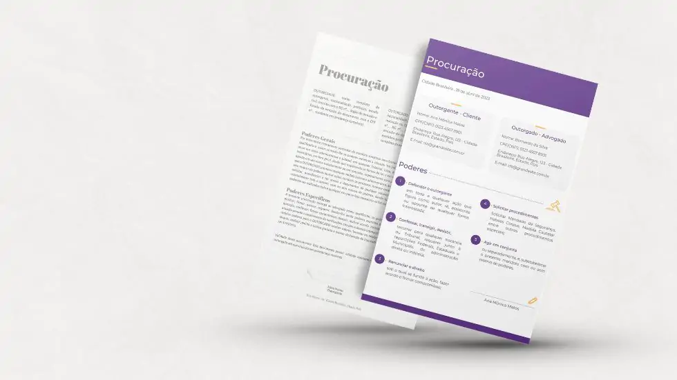 Imagem de uma procuração feita sem visual law gratuito e outra com a aplicação do legal design.