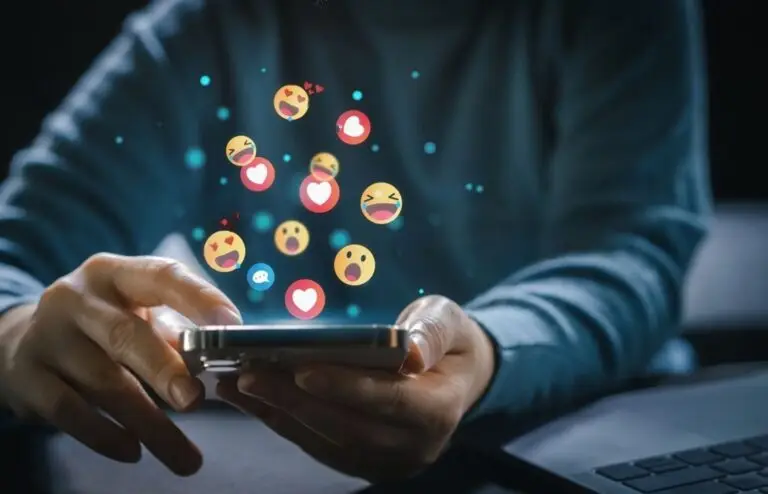 Um advogado com um celular na mão e imagens que demonstram marketing nas redes sociais saindo da tela do smartphone.